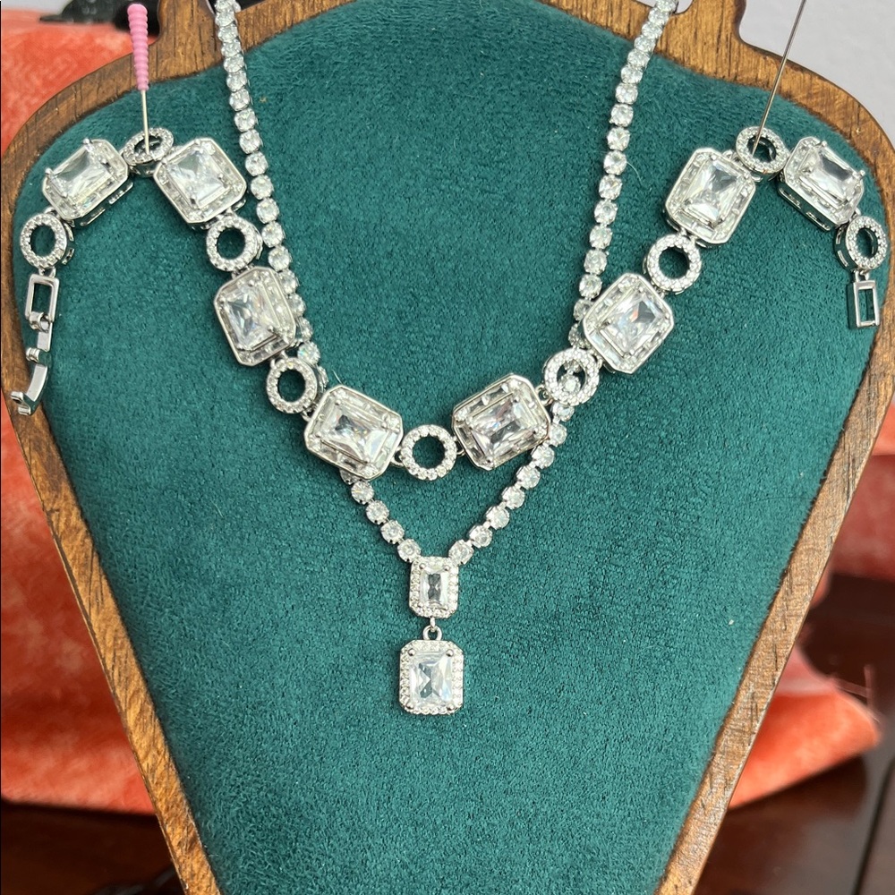 Edwardian style AAA CZ Silver Necklace (18”) & Bracelet (7.5”)